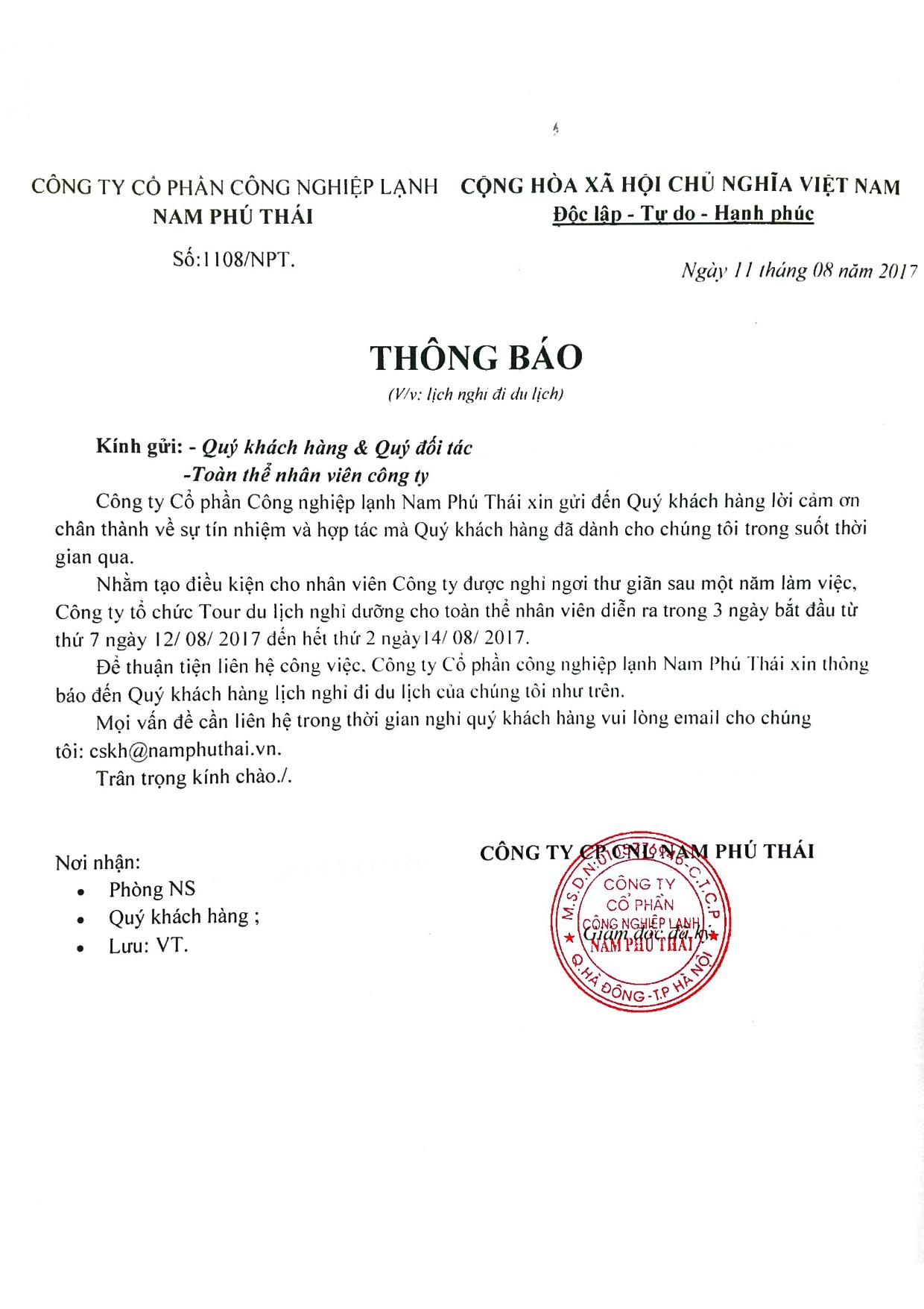 Thông báo du lịch tháng 8 năm 2017 Nam Phú Thái