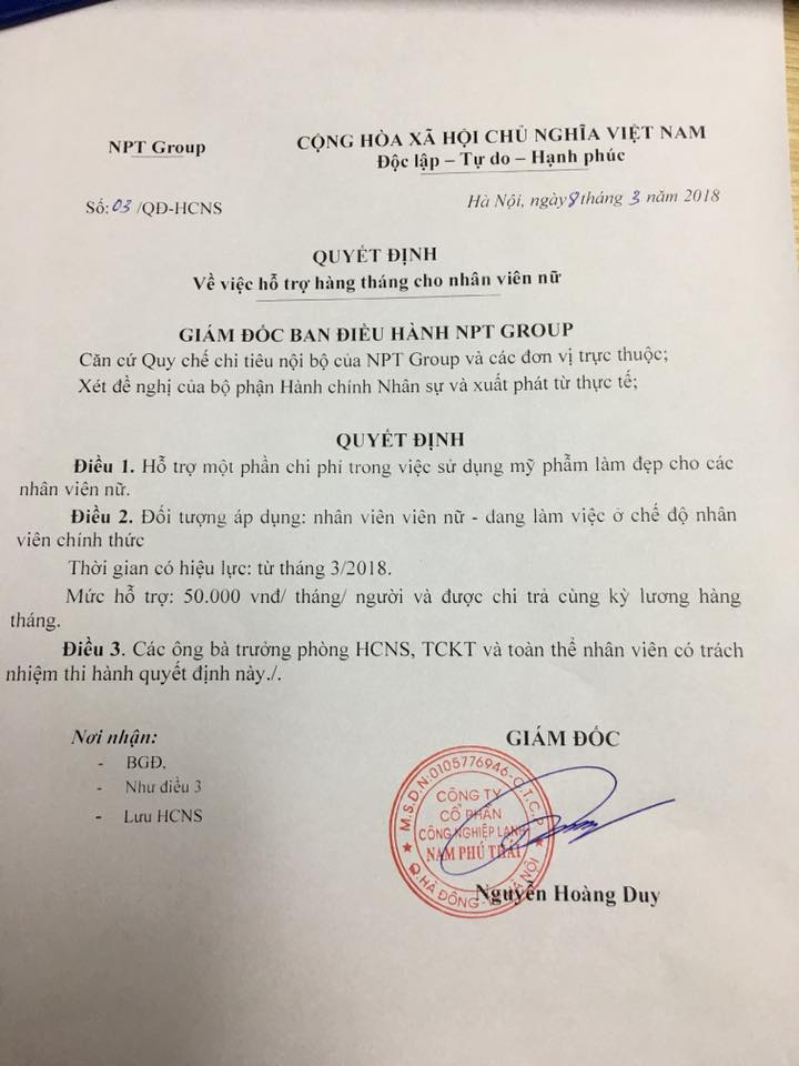 Nhân ngày 8t3 - Nam Phú Thái hỗ trợ chi phí làm đẹp cho CBCNV nữ